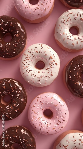 Colorful Assortment of Frosted Donuts on Pink Background Displayed at a Bakery.