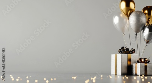 Celebration Setup With Balloons and Gifts on a Neutral Background
