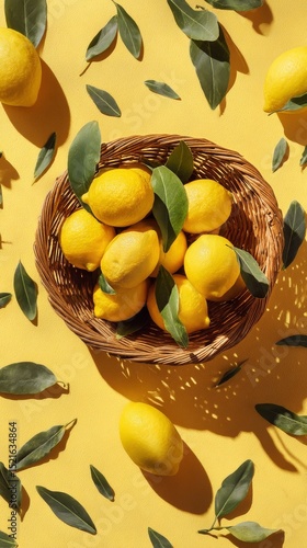 Bright Yellow Lemons and Green Leaves in a Woven Basket on a Vibrant Yellow B...