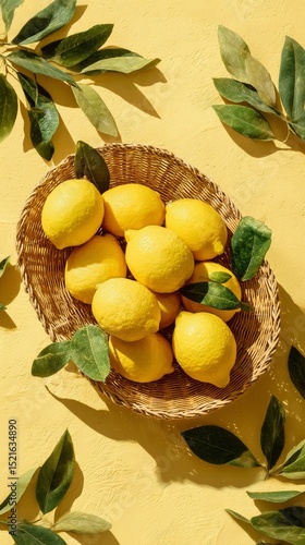 Bright Yellow Lemons and Green Leaves in a Woven Basket on a Vibrant Yellow B...