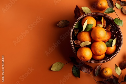Vibrant Oranges in a Woven Basket Against a Bright Orange Backdrop.