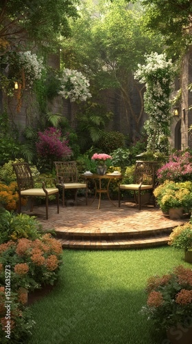 Beautiful Garden With Seating Area Surrounded by Colorful Flowers in Bright D...