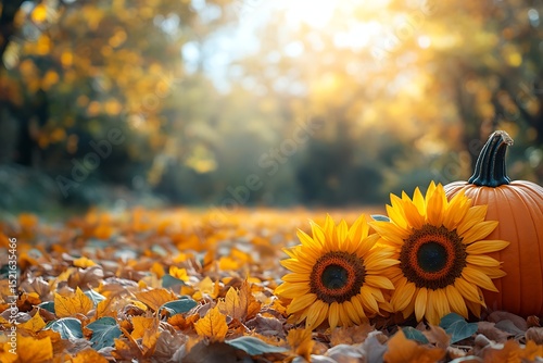 Autumn harvest sunflowers pumpkin fall leaves