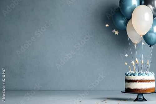 Celebration Setup With Blue Balloons and a Delicious Cake on a Light Blue Bac...