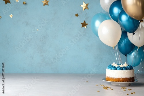 Celebration Setup With Blue Balloons and a Delicious Cake on a Light Blue Bac...