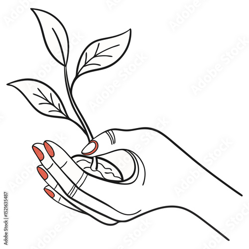 Elegant continuous line art drawing of a hand gently holding a small sprout. Suitable for growth, care, new beginnings, or environmental nurturing vector graphics.