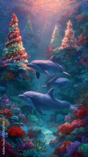 Dolphins Swimming Amidst Colorful Coral Reefs With Festive Trees in an Underw...