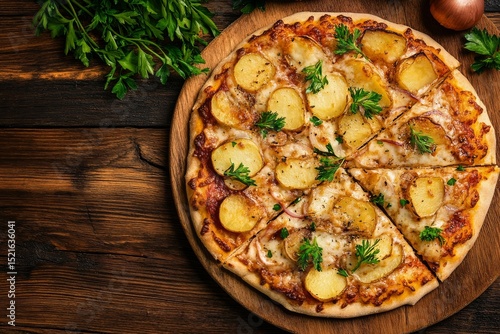 Delicious Potato and Cheese Pizza Served on a Wooden Board With Fresh Parsley...
