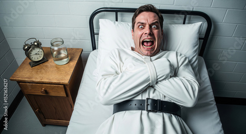 Homme en camisole de force hurlant d'effroi, allongé sur un lit d'hôpital psychiatrique.