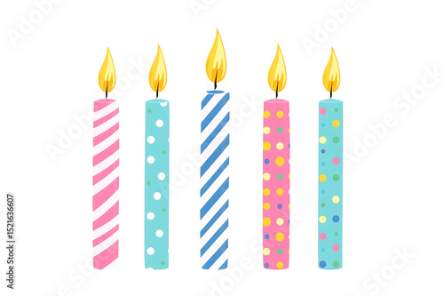 Five colorful birthday candles lit isolated on transparent background