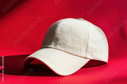 A light beige baseball cap on a red backdrop.