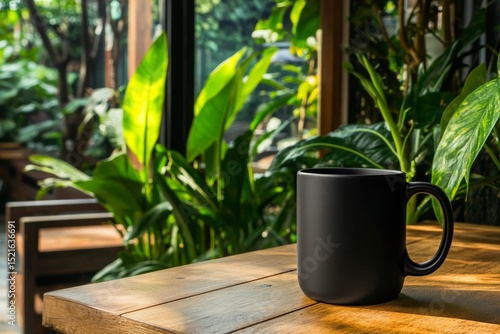 Cozy Morning Atmosphere With Black Mug on Wooden Table Surrounded by Lush Plants