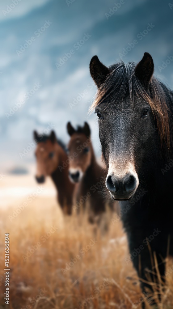 Fototapeta premium Wild horses grazing in a serene meadow surrounded by mountains on a cloudy day