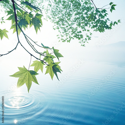 Waves Under the Leaves, a serene, high-resolution nature scene featuring fresh green maple leaves hanging over a calm, blue lake. The gentle ripples from a single drop of water reflect the soft sunlit