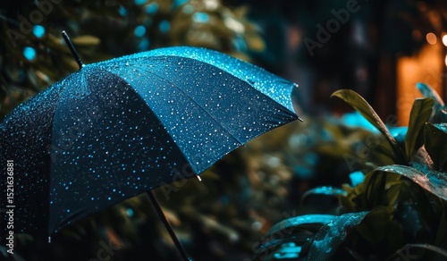 Rain Droplets Sparkle on a Blue Umbrella Amidst Lush Greenery at Night