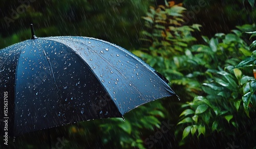Raindrops Glisten on a Black Umbrella in a Lush Green Setting During a Rainstorm