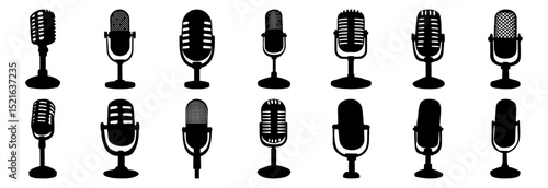 Black Broadcast Microphone icon set on Stand Silhouette Vector Illustration , Webcasting, Streaming Graphic

