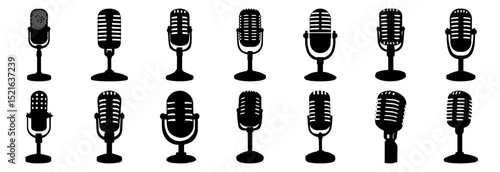 Retro Studio Microphone  icon set  Silhouette for Podcast or Radio