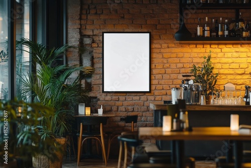 Cozy Urban Cafe Interior Featuring a Blank Frame and Decorative Plants in War...