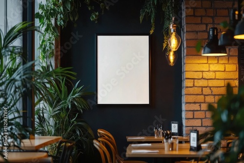 Modern Restaurant Interior With Greenery and Empty Wall Space for Art
