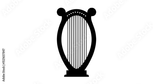 A black and white image of a harp