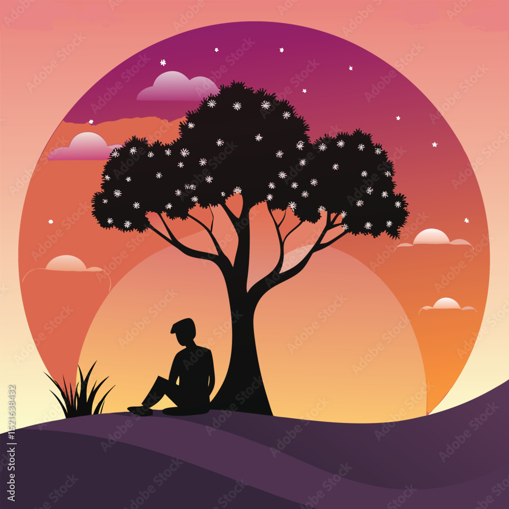 Romantic Couple Silhouette Under Tree at Sunset Romantic Couple Silhouette Under Tree at Sunset