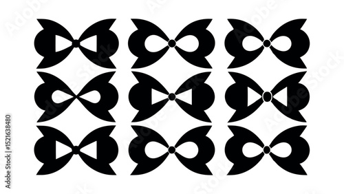 Seamless pattern of abstract bowtie and mask shapes in black silhouette, ideal for fashion backgrounds, textile designs, or graphic surface pattern elements.