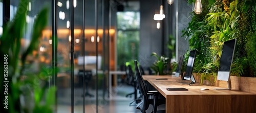 Modern Office Interior at Sunset With Warm Light and Urban Skyline View.