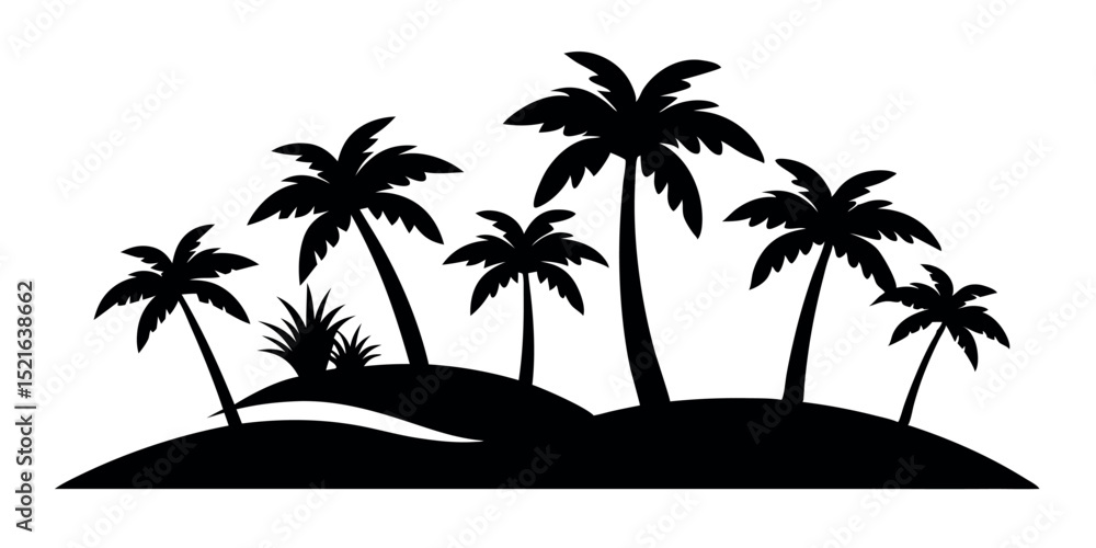 Fototapeta premium Palm Tree Island Scene Black Silhouette Vector