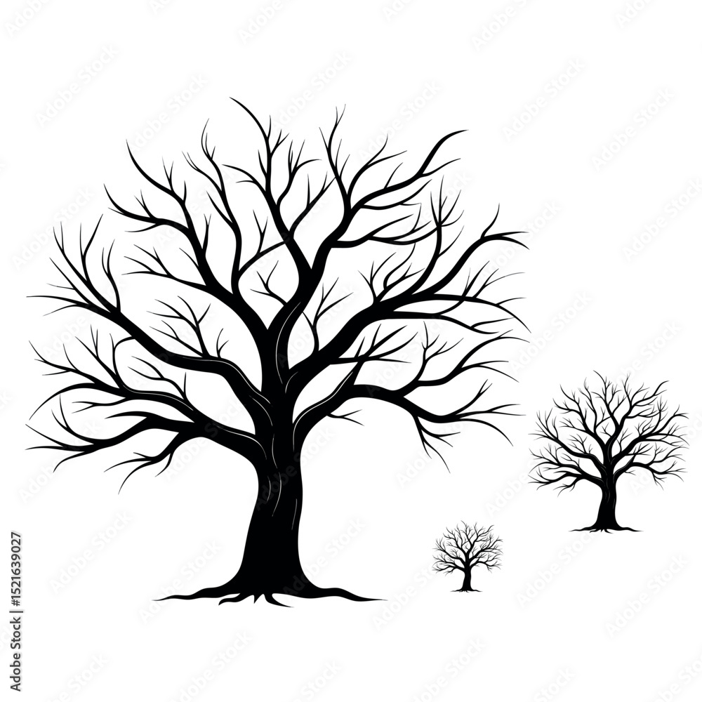 Obraz premium Group of leafless trees in silhouette style representing autumn or winter seasons, suitable for natural forest scenes, spooky woods, or seasonal landscape illustrations