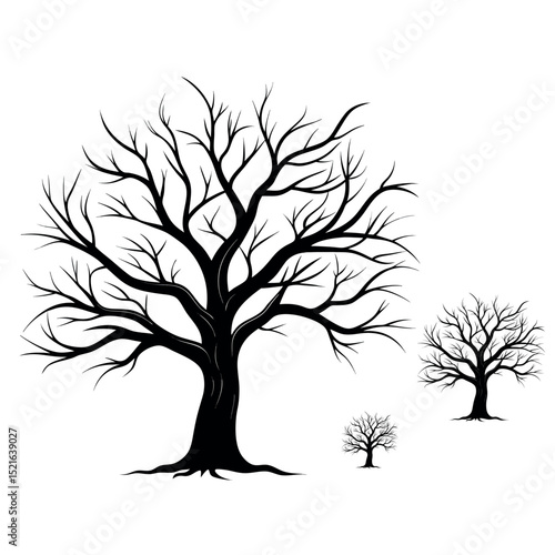 Group of leafless trees in silhouette style representing autumn or winter seasons, suitable for natural forest scenes, spooky woods, or seasonal landscape illustrations