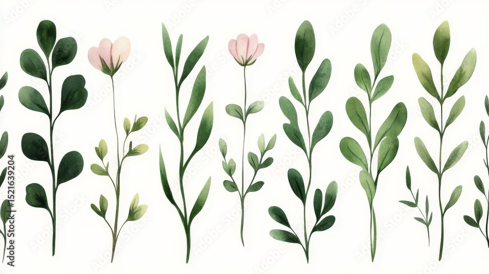 A beautiful collection of hand-painted floral elements featuring various green leaves and delicate pink flowers. A beautiful collection of hand-painted floral elements featuring various green leaves and delicate pink flowers.