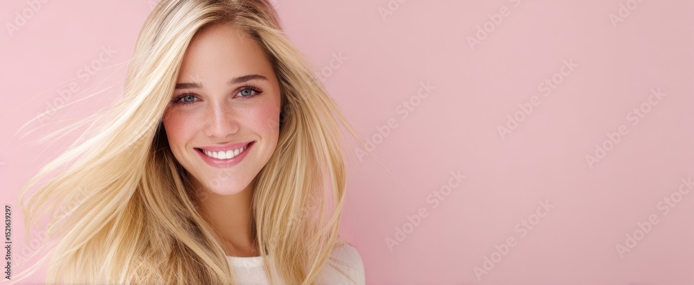 Fototapeta premium The radiant woman with long, flowing hair smiling against a pink background.