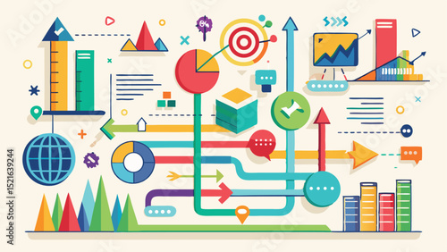 Colorful infographic with business charts and data visualization on white background