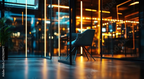 Modern Office Interior With Warm Lighting and a Stylish Chair in the Evening