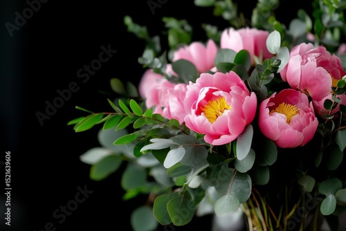 Pink Peonies and Greenery Arrangement on a Dark Background