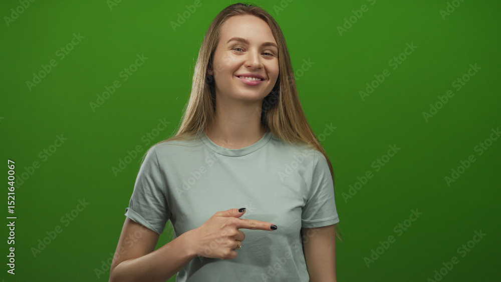 Woman smiling and pointing while standing against a vibrant green isolated background, exuding positivity and confidence, highlighting her casual style and expressive gesture. Woman smiling and pointing while standing against a vibrant green isolated background, exuding positivity and confidence, highlighting her casual style and expressive gesture.