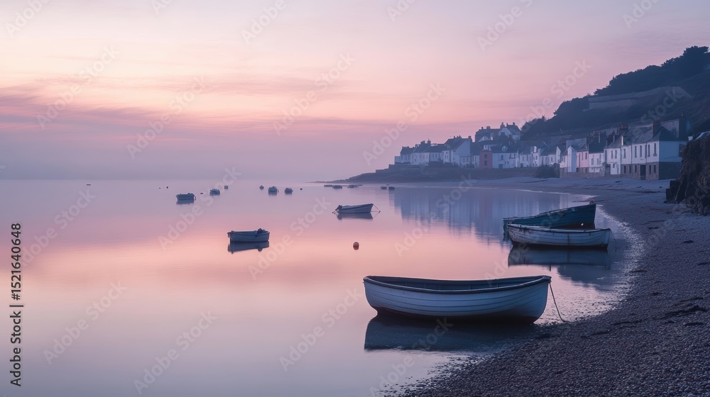 Naklejka premium A calm coastal village at dawn, with fishing boats lying still on the mirror-like sea and the village bathed in the warm, gentle light of early morning