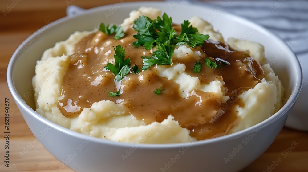 A bowl of creamy mashed potatoes with gravy on top garnished with parsley A bowl of creamy mashed potatoes with gravy on top garnished with parsley