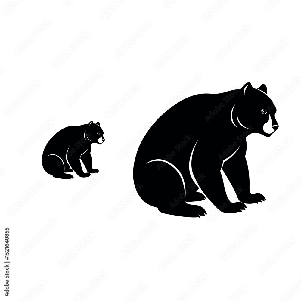 Fototapeta premium Bear and cub silhouette vector. Wild animal family concept for nature, wildlife, forest, and adventure themes.