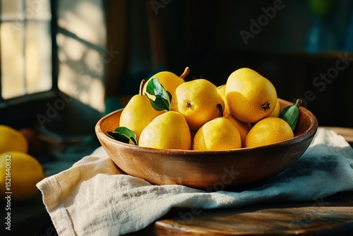 Fresh Lemons in a Wooden Bowl on a Table With Natural Light Streaming Through...