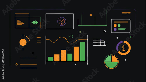 Colorful vector wireframe elements representing digital finance dashboard design and statistics