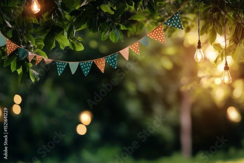 Colorful Festive Bunting Decorates a Garden During Sunset With Glowing Lights...