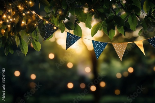 Colorful Festive Bunting Decorates a Garden During Sunset With Glowing Lights...