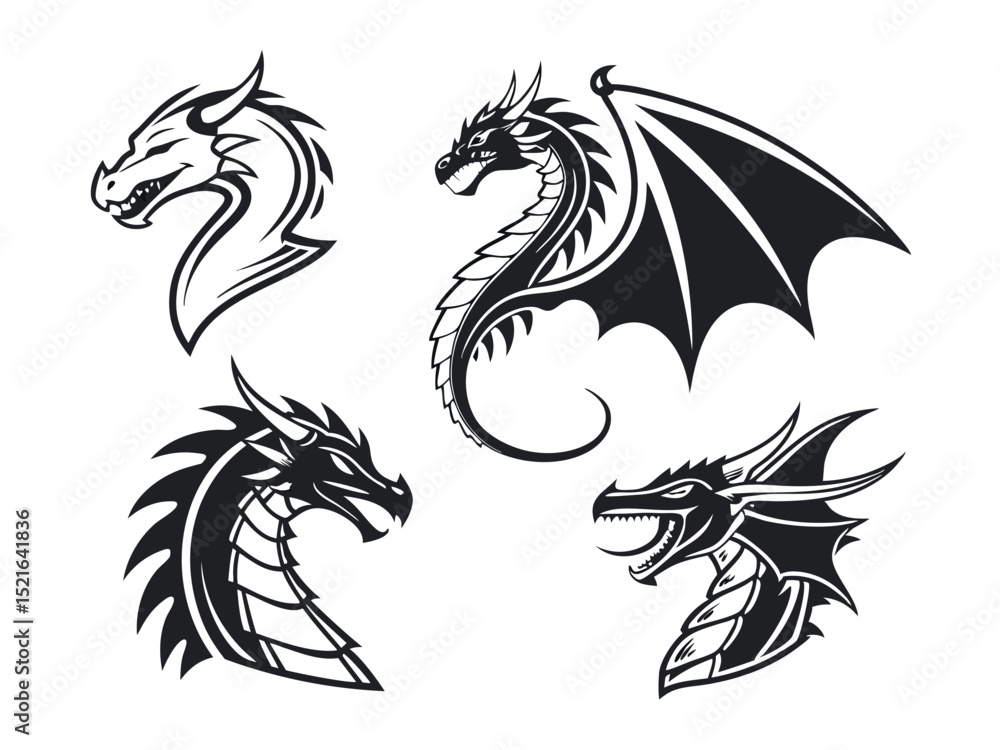 Naklejka premium Dragon silhouette vector set with flying and roaring poses ideal for fantasy themes, medieval tales, gaming artwork, and mythical graphic illustrations.