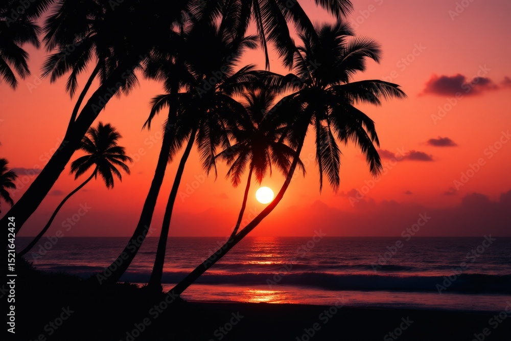 Silhouetted palm trees against vibrant sunset over ocean Silhouetted palm trees against vibrant sunset over ocean