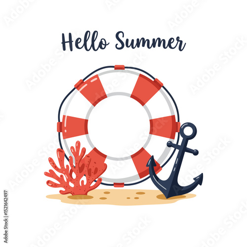 Colorful lifebuoy with anchor and coral, welcoming summer season in vibrant illustration