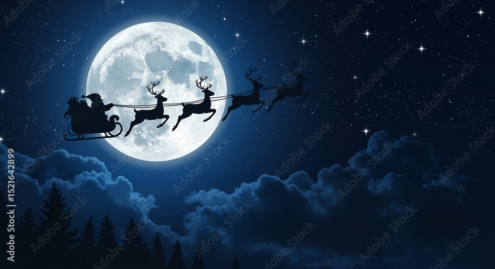 Naklejka premium Santa Claus flying in sleigh with reindeer against full moon at night 