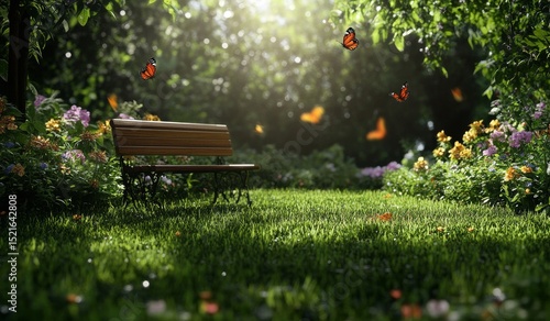 Quiet Garden With Butterflies Flying Around a Wooden Bench in the Sunlight