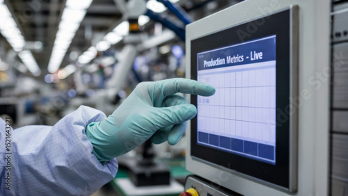 Gloved Engineer Adjusting Real-Time Data on Factory Interface